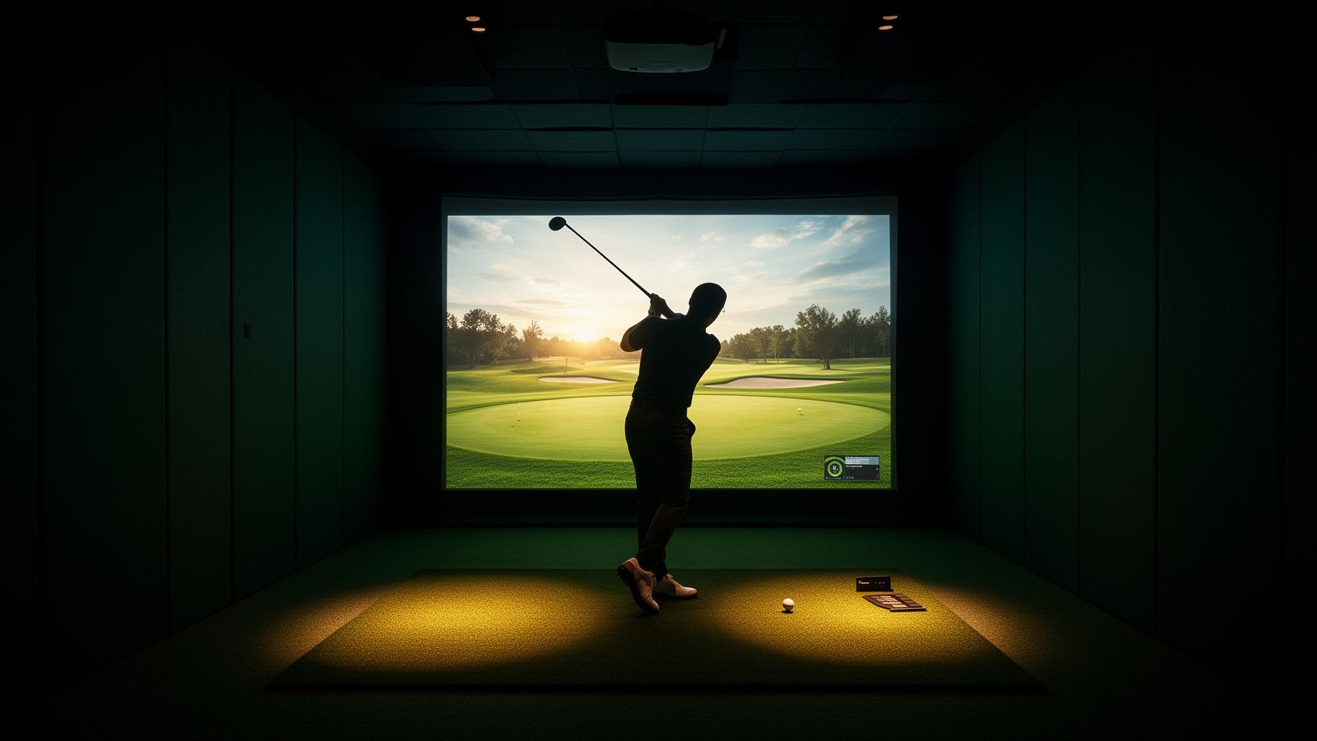 Golfer mid-swing in an indoor simulator bay at The Bunkr